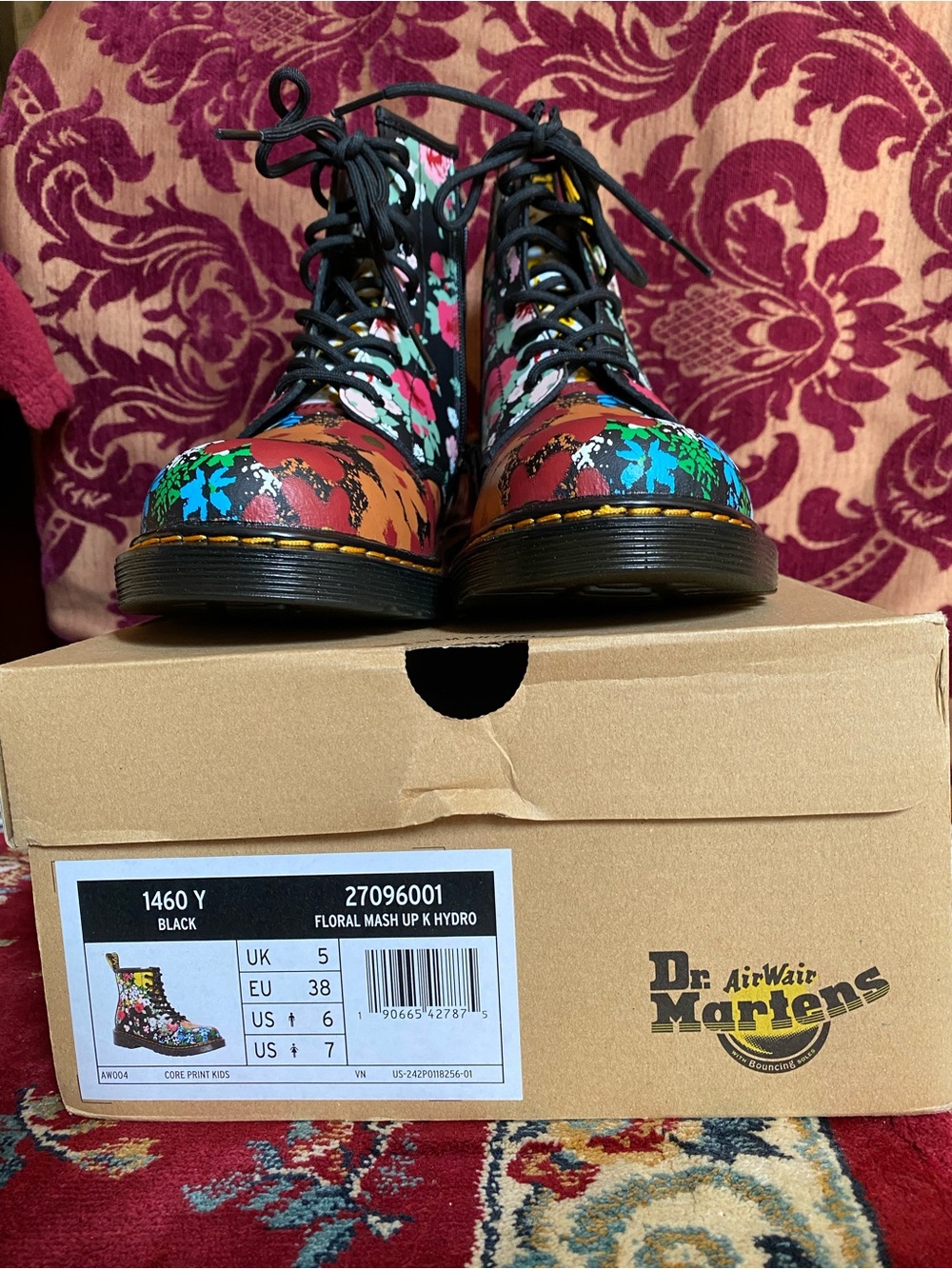 NIB Dr. Martens 1460 Floral MashUp Lace-Up Boots w/Side Zip-Black Multi US Wmn 7 - Picture 13 of 16